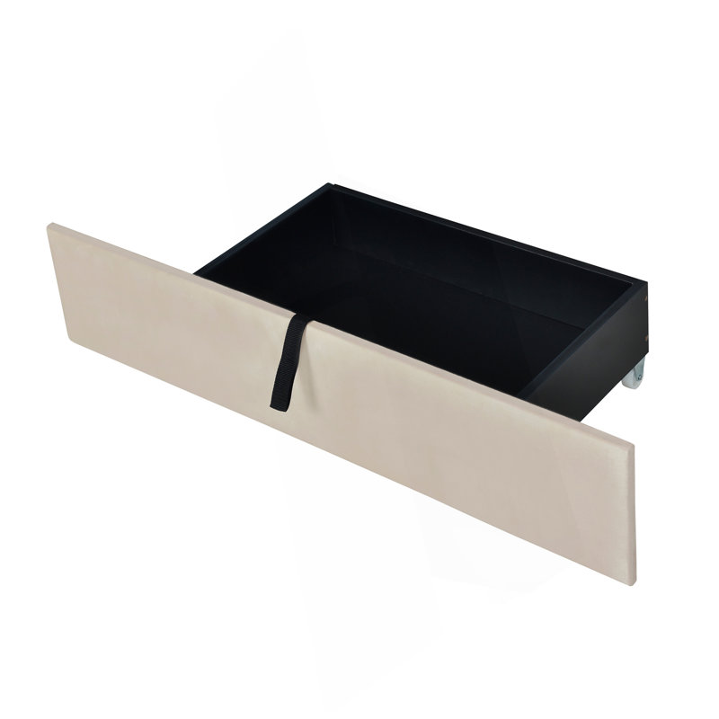 Grand lit plateforme tapissier en velours avec 2 tiroirs et 1 lit gigogne simple TG - beige
