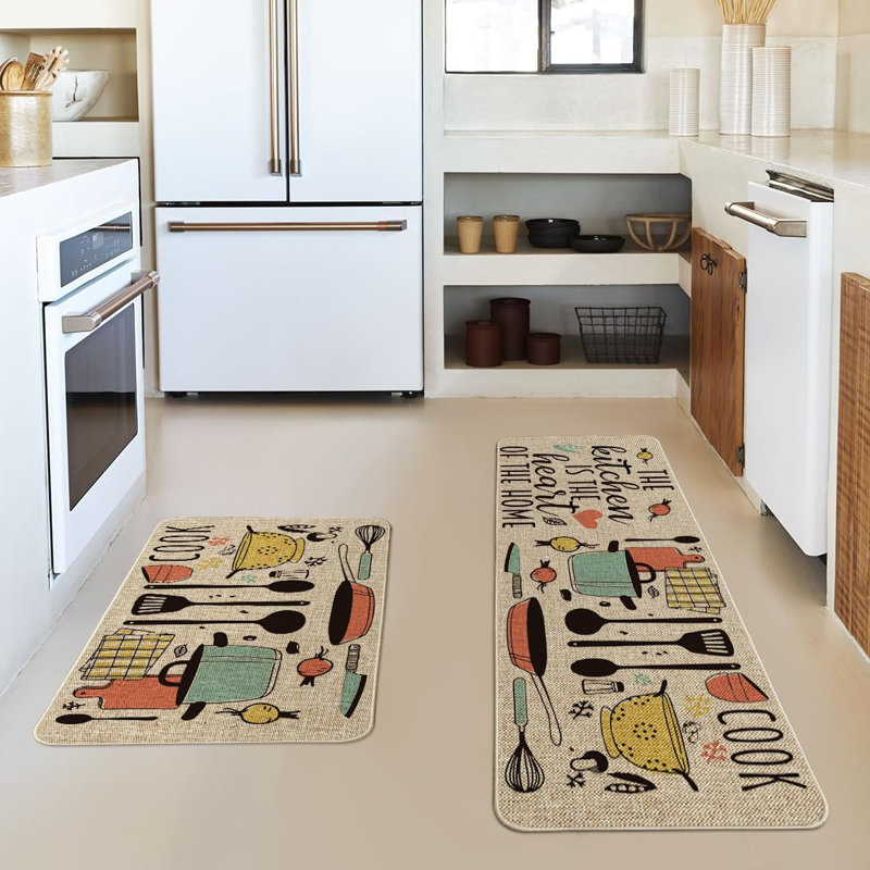 Beige Polyester and Rubber Kitchen Mats Set with Colorful Cooking Utensils Design