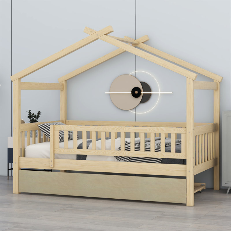 Wooden House Bed with Trundle, Twin, Oak
