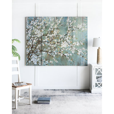 Of 4 18.5" X 59" White Cherry Blossom Canvas Prints For Entryway, Office, Bedroom, Living Room - Graceful Soft Blossoms, 50% Canvas, 21.1Lbs Wall Art Room, Entryway Elegant