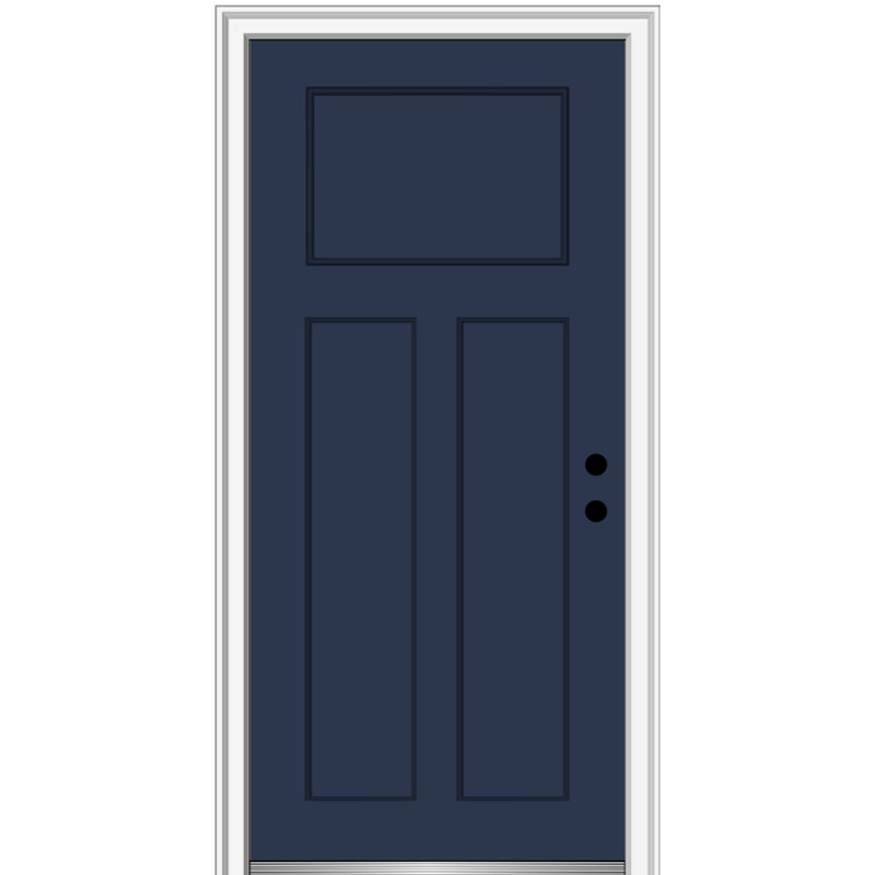 Porte d'entrée pré-suspendue en fibre de verre 3 panneaux Craftsman Shaker, H 80 po x l 36 po x P 1,75 po, Naval, Côté gauche