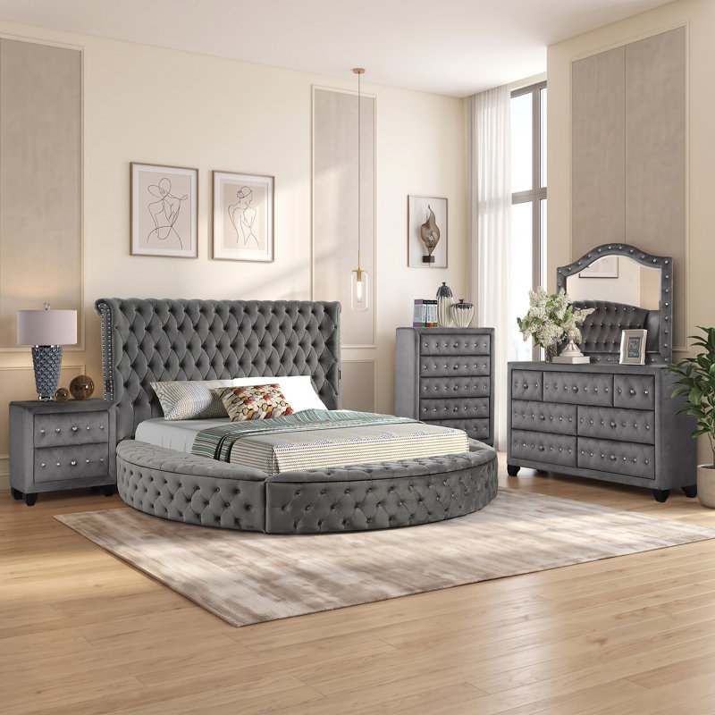 Ensemble de chambre à coucher 5 pièces Taner, gris, 5 Pcs: Bed, 2 Dressers, Mirror, Nightstand, Très grand