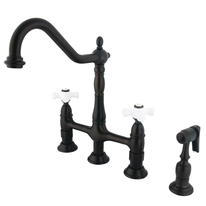 Kingston Brass Heritage Two-Handle 4-Hole Deck Mount Bridge Kitchen Faucet with Brass Side Sprayer, Oil Rubbed Bronze
