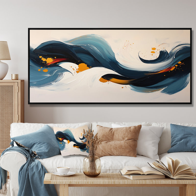 «Omor Roots And Reflections Of Abstract Waves III», art mural abstrait sur toile, Noir, H 28 po x l 60 po, Cadre flottant