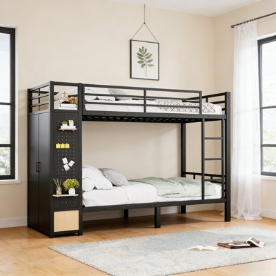 Lit superposé grand sur grand avec tablettes de rangement, lits superposés en métal avec tiroirs et panneau perforé, structure de lit superposé non grinçant et stable pour les adolescents et les adultes, noir