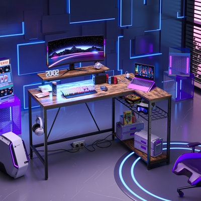 Thielsen 48" L Shaped Computer Desk with Power Outlet, LED Gaming or Work Desk with Monitor Stand