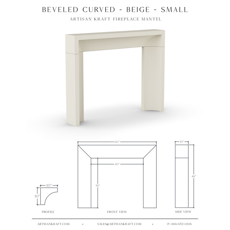 Beveled Curved Cast Stone Mantel, 10" x 60" x 48", Beige