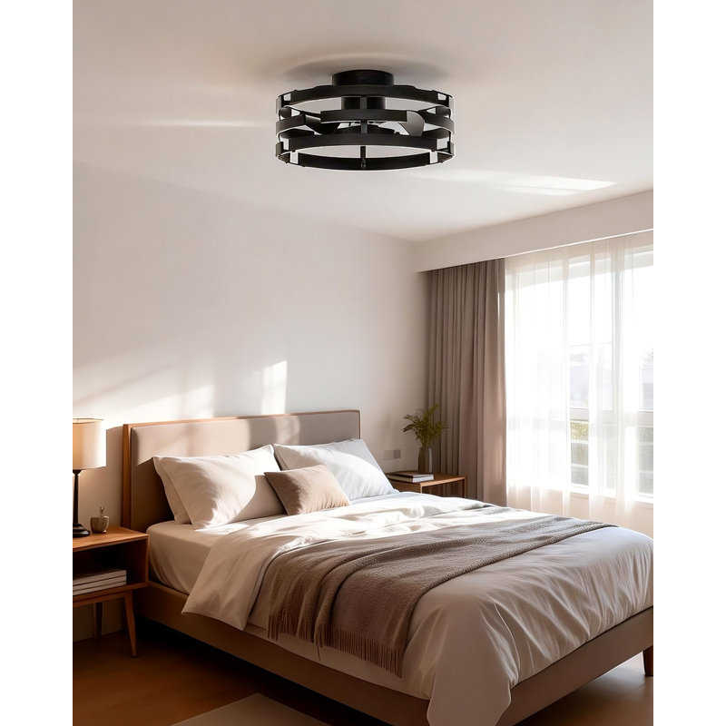 Alva 20'' Flush Mount Ceiling Fan with Lights, Low Profile Caged Ceiling Fan with Remote, Black