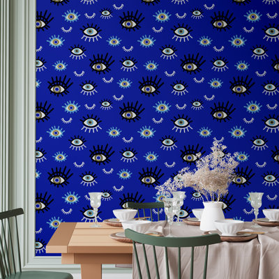 Papier peint adhésif bleu mauvais œil bleu - motif audacieux moderne avec motif de symbole protecteur pour le salon ou l'entrée, convient à tous les murs texturés