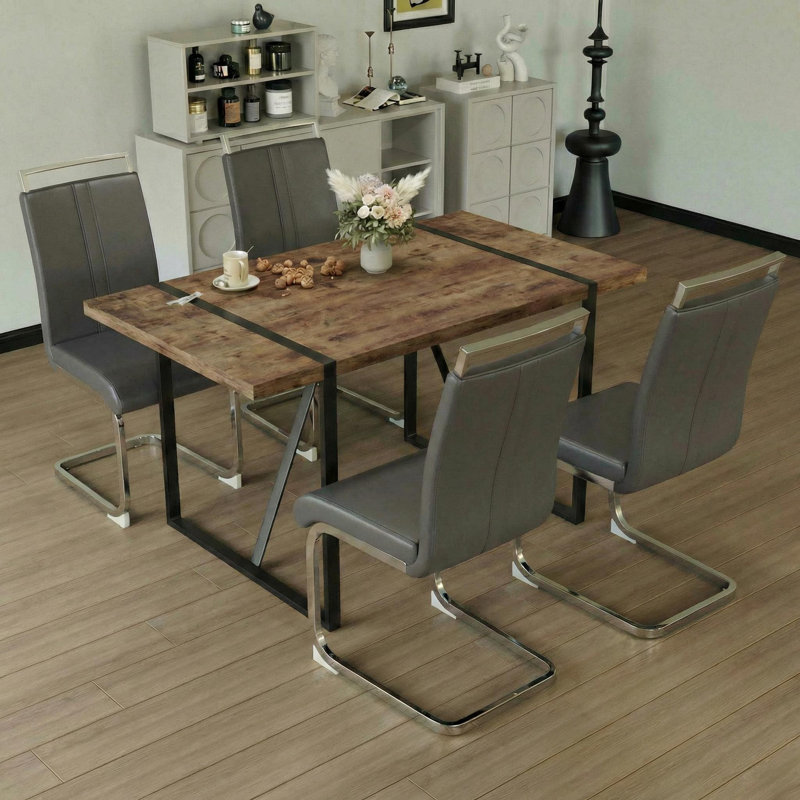 Modern Janssen With Rectangular Table & 4 Pu Leather Chairs, Gray/Silver