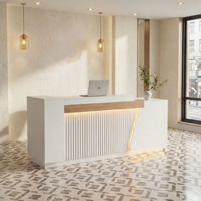  86.6"L-Shaped Modern Reception Desk With Locking Drawer, LED Lights & Built-In Outlets, For Cashier Counter, Salon, Office And Customer Service Front Desk