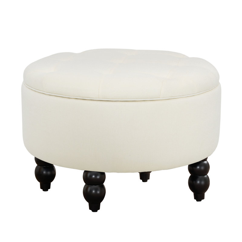 24'' Wide Upholstered Round Storage Ottoman, Beige Linen