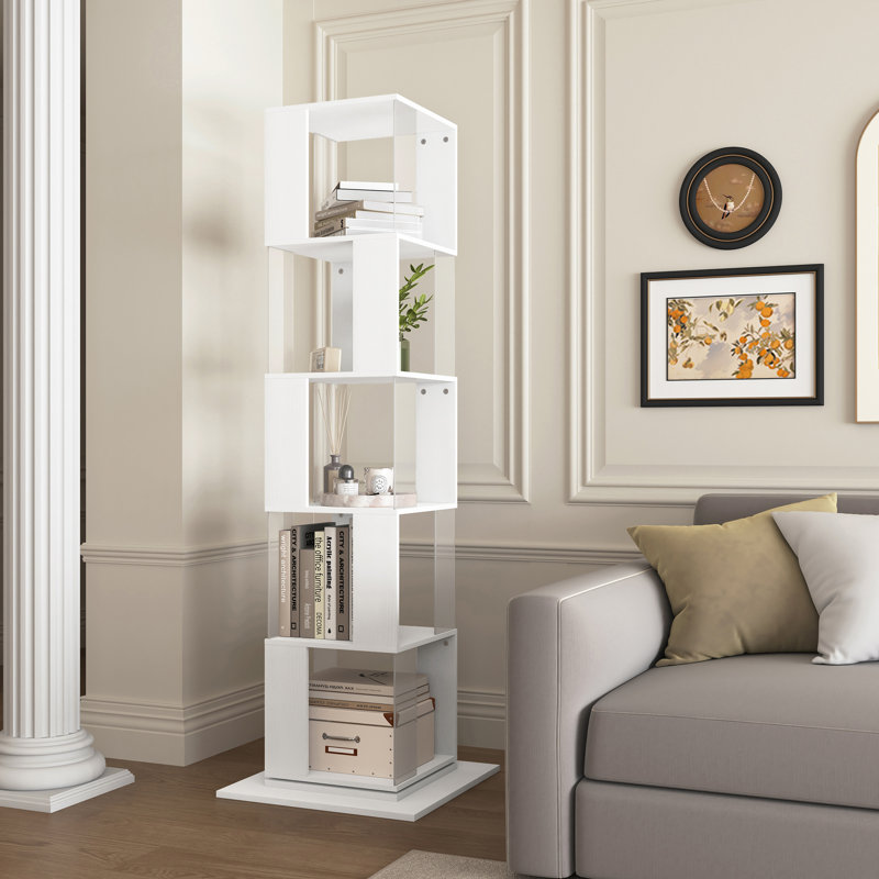 Rotating Bookshelf, Floor Rack With Acrylic Plate And Anti-Toppling Base, (5 Shelves) 63" H x 19.7" W x 19.7" D, White