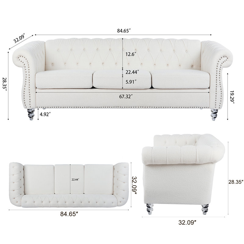 Canapé Chesterfield | Canapé capitonné de luxe avec accoudoirs roulés et garniture cloutée | Canapé rembourré 84 po 3 places pour la vie