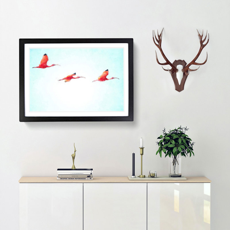 Three Pink Flamingos - Picture Frame Painting Print, 45cm H x 63cm W x 2cm D, Black Framed