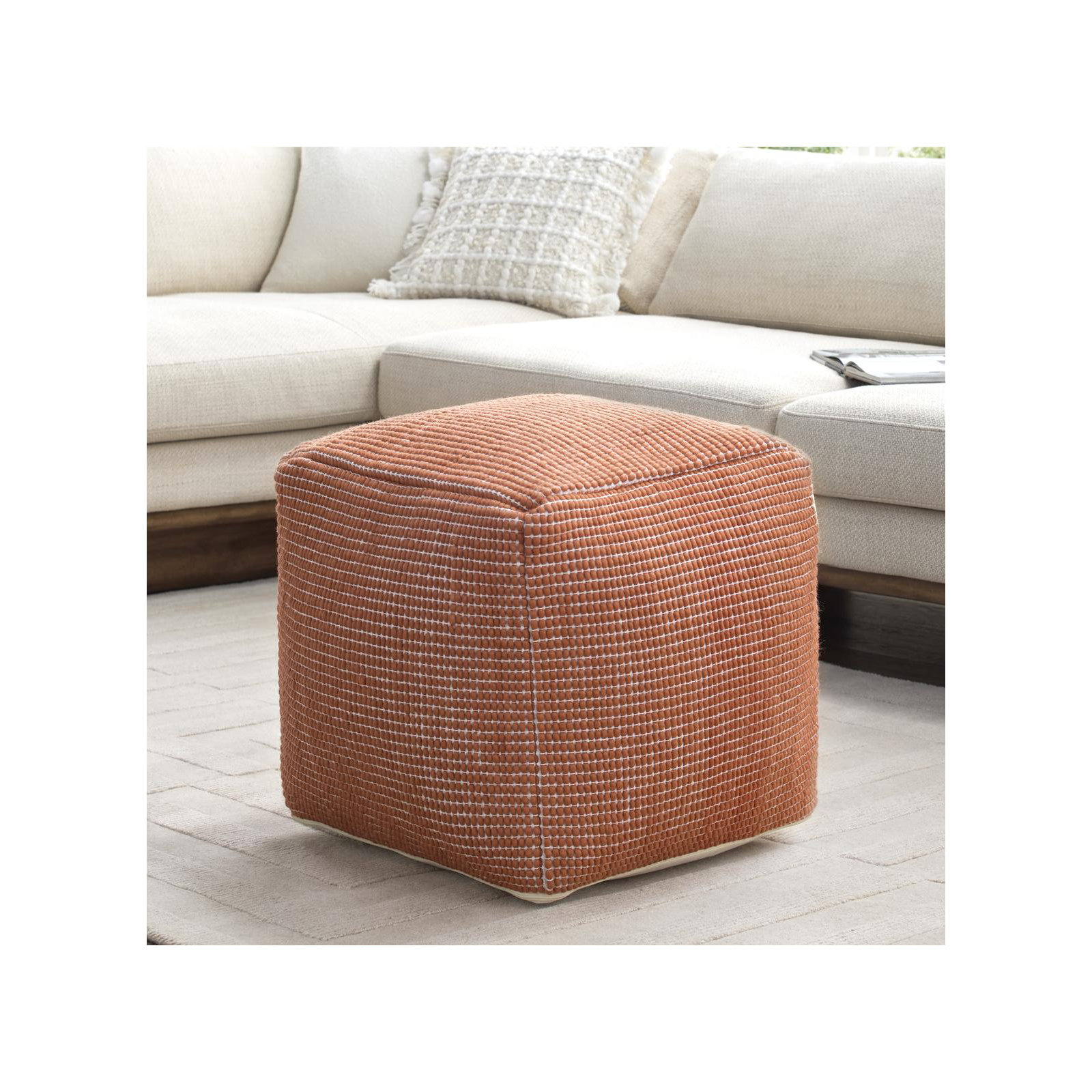 Waverly Woven Wool Blend Pouf with Removable Cover , Orange