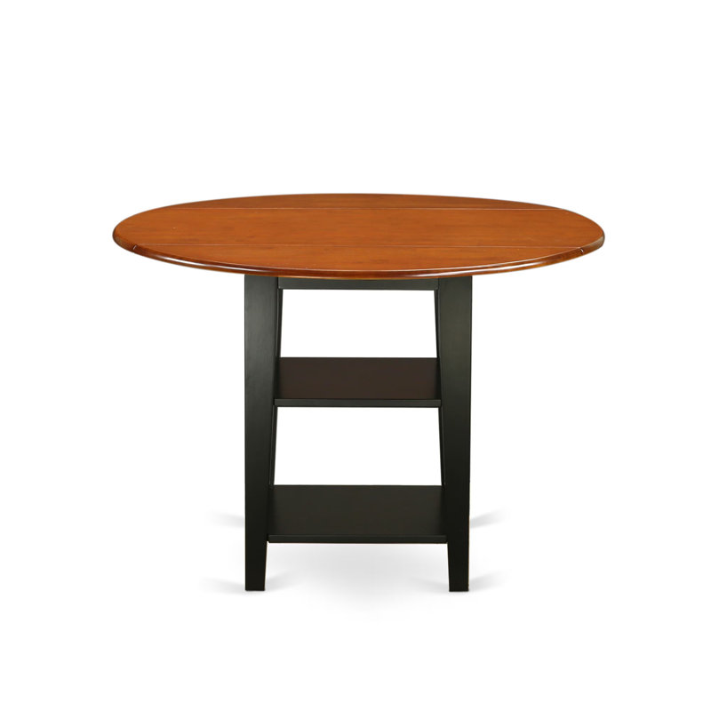 3 Piece Kitchen Table Set Contains a Round Dining Room Table with Dropleaf & Shelves and 2 Linen Fabric Upholstered Dining Chairs, Black & Cherry
