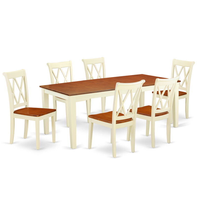 Ensemble de salle à manger 7 pièces comprenant une table rectangulaire en bois avec rallonge papillon et 6 chaises de salle à manger, 101,6 x 198 cm, couleur babeurre et cerisier