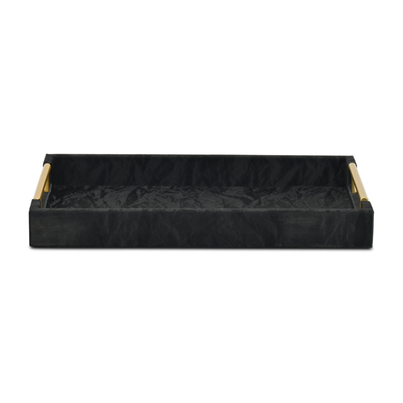 Ausel Crinkled Gloss Pattern Tray with Gold Handles, Black