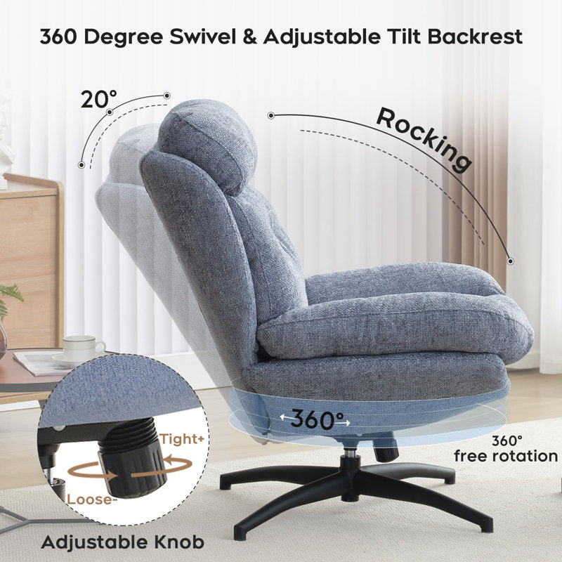 Beric Upholstered Swivel Accent Chair with Ottoman, Blue
