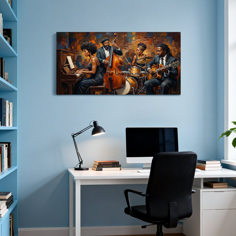Abstract Jazz Musicians Playing Instruments Together, 16" H x 32" W