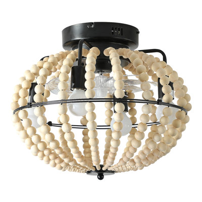 18" Bohemian Wood Beaded Ceiling Fan With Light, Flush Mount Caged Ceiling Fan, Rustic Farmhouse Low Profile Fan Light Fixture For Indoor Home Decor (Silent/6-Speed/Reversible/Dc Motor) (No Bulbs)