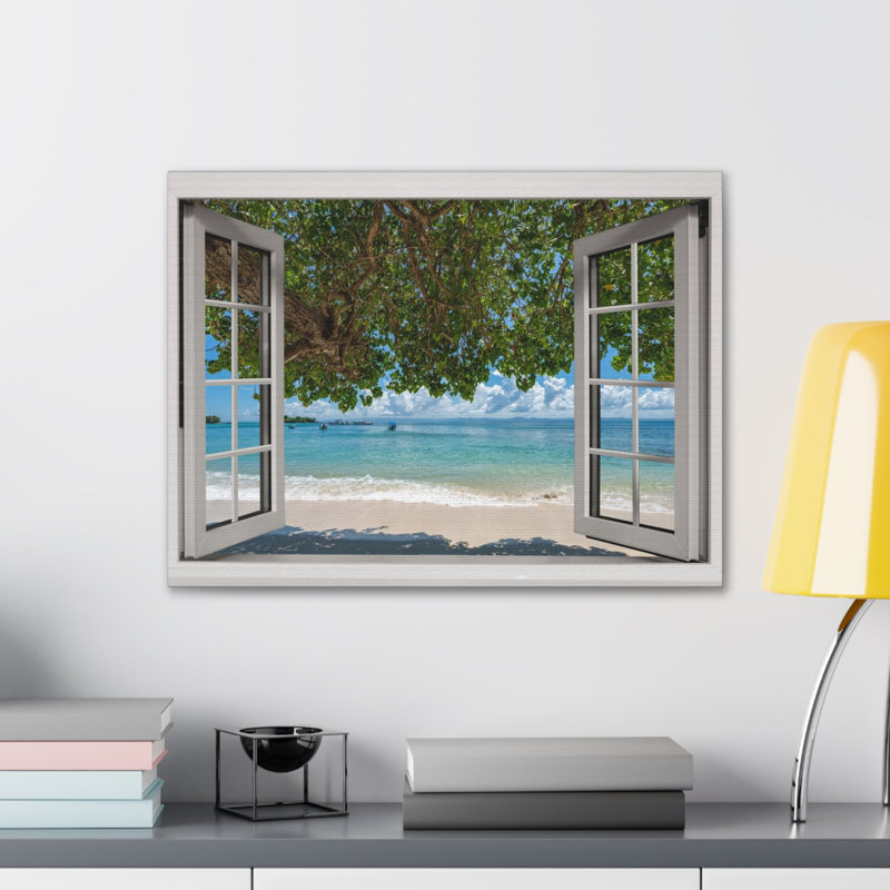 Impression sur toile, fenêtre, plage, sable, vue sur la nature, photographie, réalisme, paysage