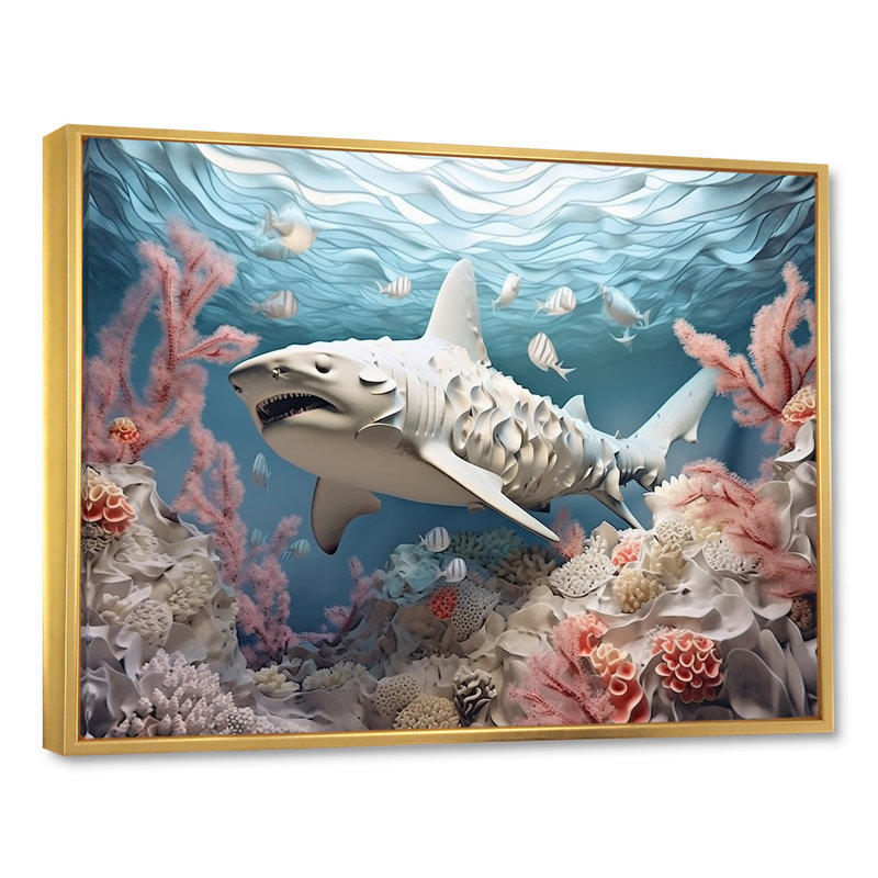 " Coral And Sharks Collage Symetry ", Gold Floater Framed, 34" H x 44" W x 1.5" D