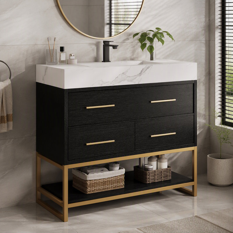 36" Artificial Stone Bathroom Vanity with Ceramic Sink, Modern Bathroom Sink Cabinet with Soft Close Drawers and Open Shelves, Free-standing Bathroom Vanity with Stainless Steel Legs and Large Space S