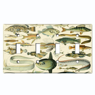 Metal Light Switch Plate Cover; US Standard Size 4 Gang Toggle - Fish Chart