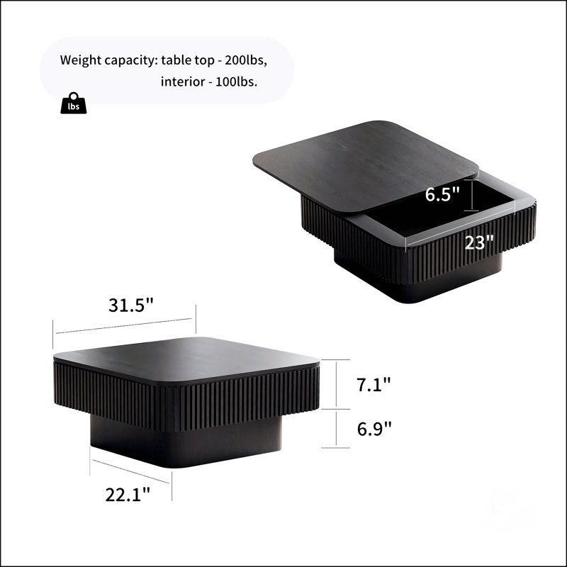 Table basse 31,5 po carrée avec rangement, Noir