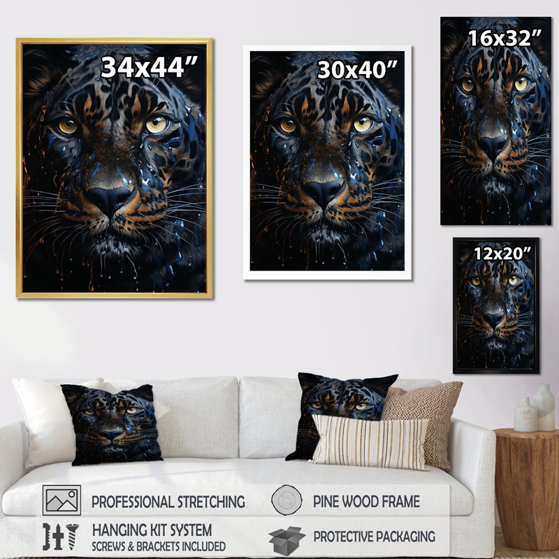 «Teal Yellow Midnight Panther Inky I», reproduction d'art sur toile, Cadre photo noir, H 40 po x l 30 po x P 1,5 po