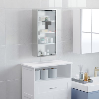 Armoire à pharmacie murale, armoire murale verrouillable avec 4 tablettes à niveaux, cadre en acier inoxydable et porte en verre, verrouillable avec 2 clés, argent, 12 po x 24 po