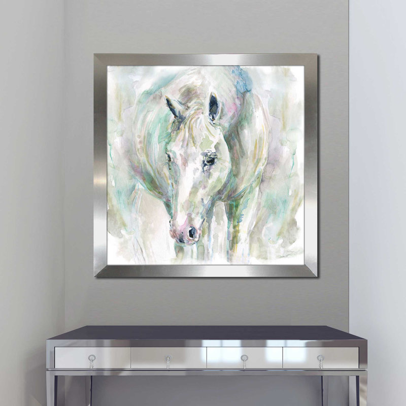 «Garden visit» par Carol Robinson - Peinture, H 37,5 po x l 37,5 po x P 1 po, Encadrement argenté