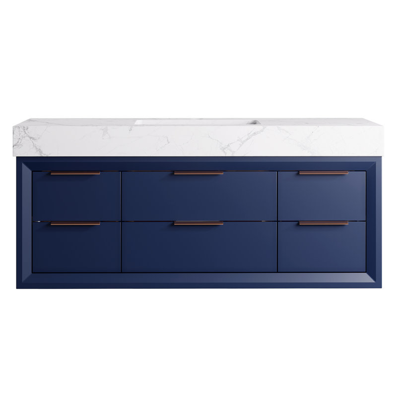 Solid wood 48'' Modern Wall Mounted Single Bathroom Vanity with Engineered Stone Top and Light, Blue