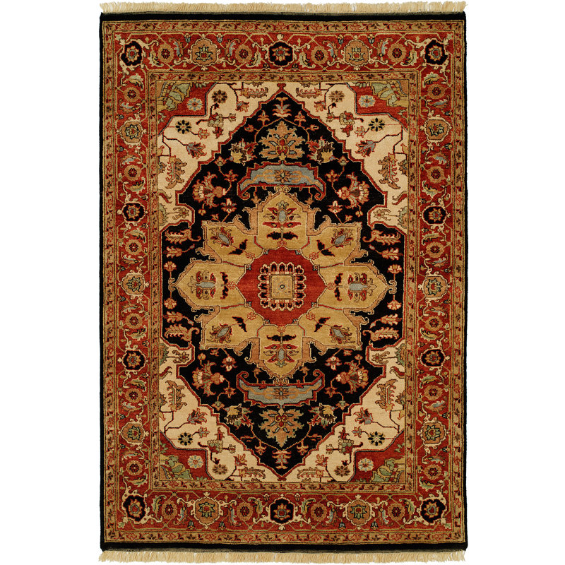 Hand-Knotted Black and Rust Wool Oriental Rug, 4' x 6'