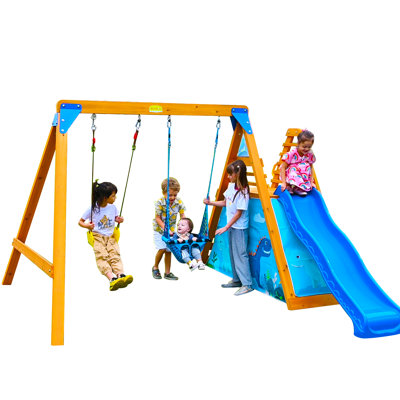 Ensembles de balançoires SuniBoxi: en bois, 2 balançoires, grande glissade, mur d'escalade. 2 à 8 ans.