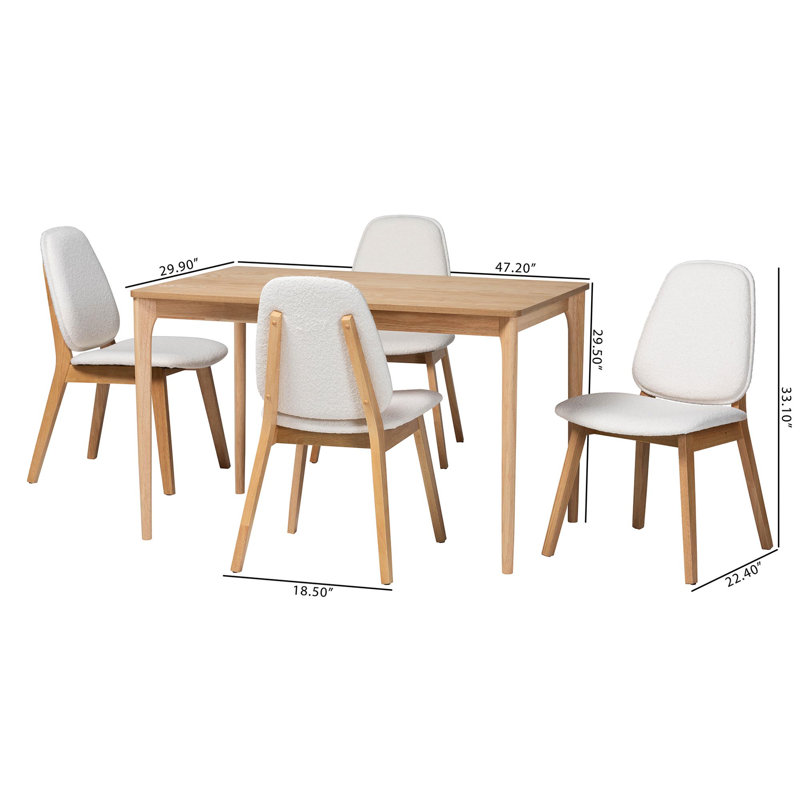 Ensemble de salle à manger 5 pièces Baxton Studio Hudson - Table rectangulaire en bois massif avec chaises rembourrées Boucle, mobilier de salle à manger de style Mid-Century moderne pour la cuisine ou la salle à manger, naturel et blanc