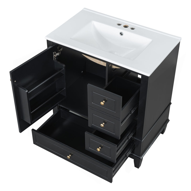 Meuble-lavabo 30 po avec lavabo, une porte avec tablette et trois tiroirs, porte à fermeture en douceur, Noir