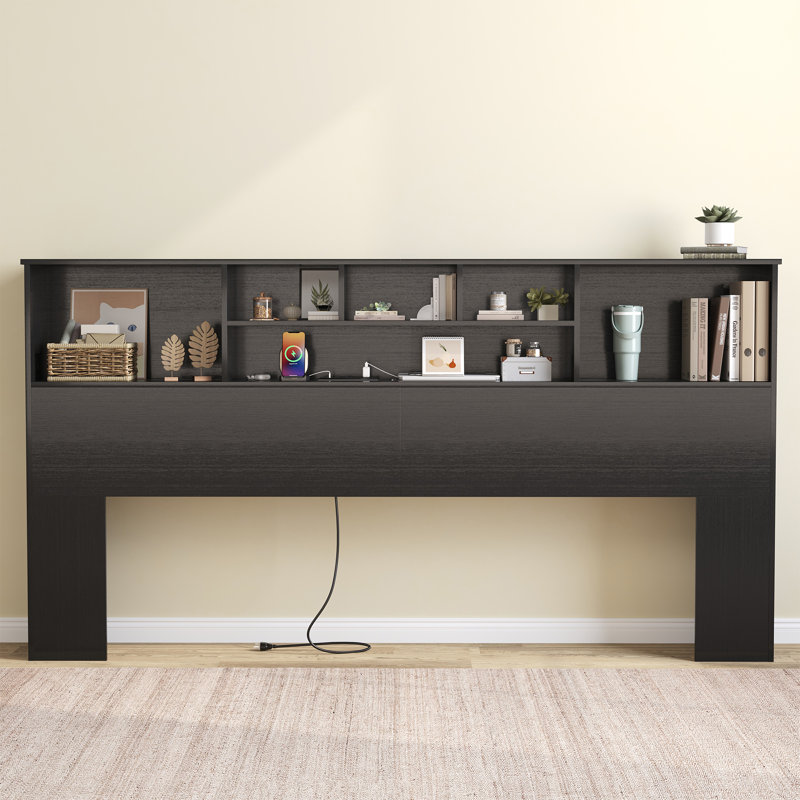 Modern Wood Bookcase Headboard with LED Lighting & Charging Station — Space-Saving Design for Queen & King Beds, Black, King