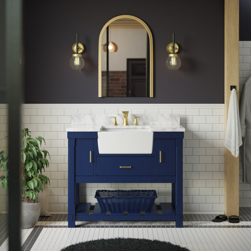 Hitton 42'' Single Bathroom Vanity with Top, Carrara Marble, Royal Blue