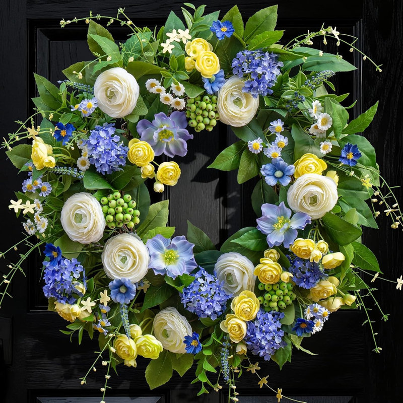 Couronne à ressorts 24 po pour porte d'entrée, hortensia artificiel