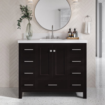 Cambridge 43'' Solid Wood Single Bathroom Vanity in Espresso, with 1.5'' Pure White Quartz Top, Center, Rectangle Sink