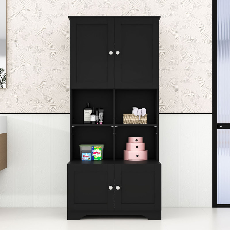 Wood Freestanding Bathroom Storage Cabinet with Adjustable Shelves and Multi-Layer Open Shelves, Black