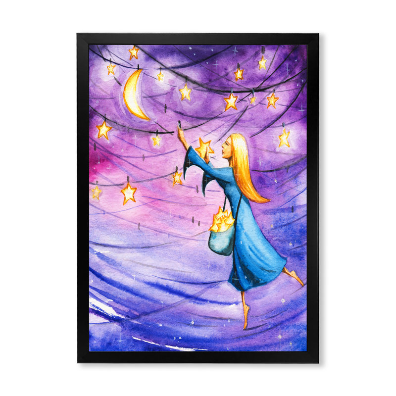 Magical Night With Skies - Art mural pour enfants, décoration sur toile, H 36 po x l 24 po x P 1 po, Cadre photo noir