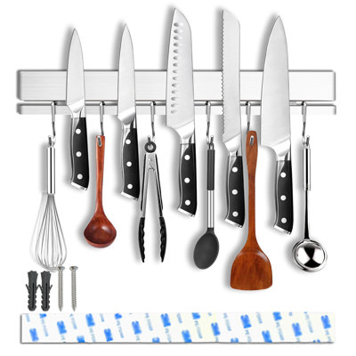 Porte-couteaux magnétique 17 po sans perceuse - 12 crochets, porte-ustensiles de cuisine