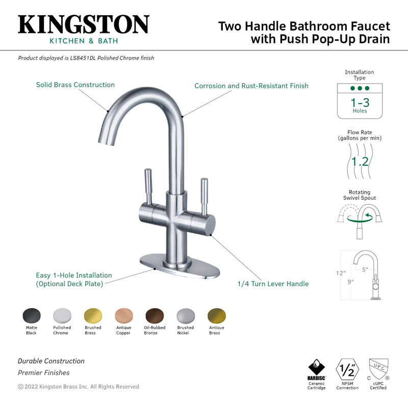 Kingston Brass Concord Two-Handle 1-Hole Deck Mount Bathroom Faucet with Push Pop-Up, Brushed Nickel