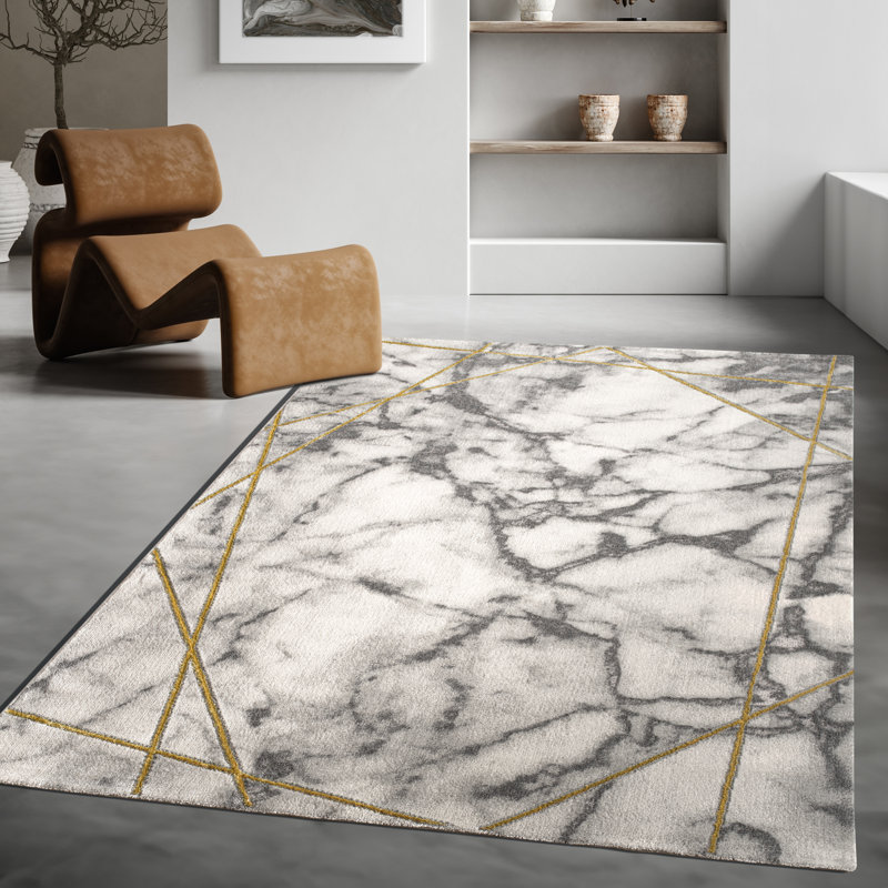 Tapis abstrait tissé à la machine en or / crème, Rectangle 7 pi 10 po x 11 pi 2 po