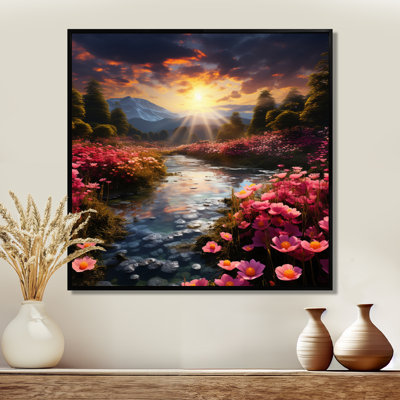 Glorious Sunset Pink Blossoming Flower River - Lotus Wall Art Living Room