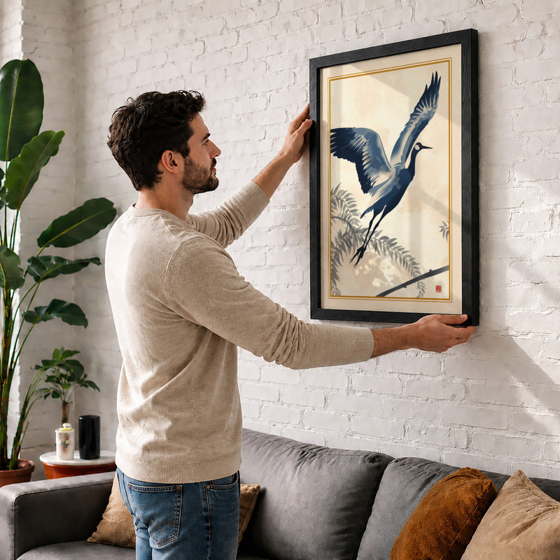 Heron in Flight Japandi - Framed Print, A1 - 84.1 x 59.4 cm, White